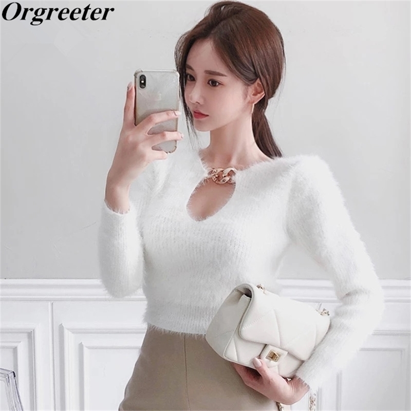 

Fall Winter Knitted Mohair Stretch Sweater Tops Women Elegant Chic Hollow Out Chain V Neck Long Sleeve Bottoming 210602, White