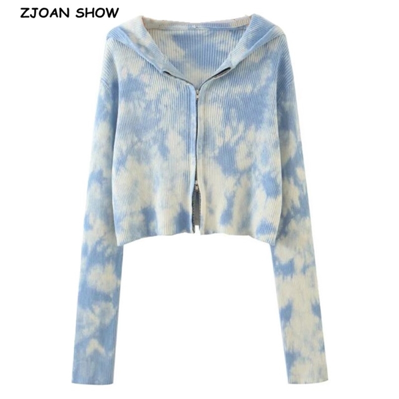 

Women Gradient tie-dye Zipper Hooded Cropped Cardigan Sweater Vintage Knitted Exposed navel Short Knitwear Long sleeve Jumper 210429, Sky blue