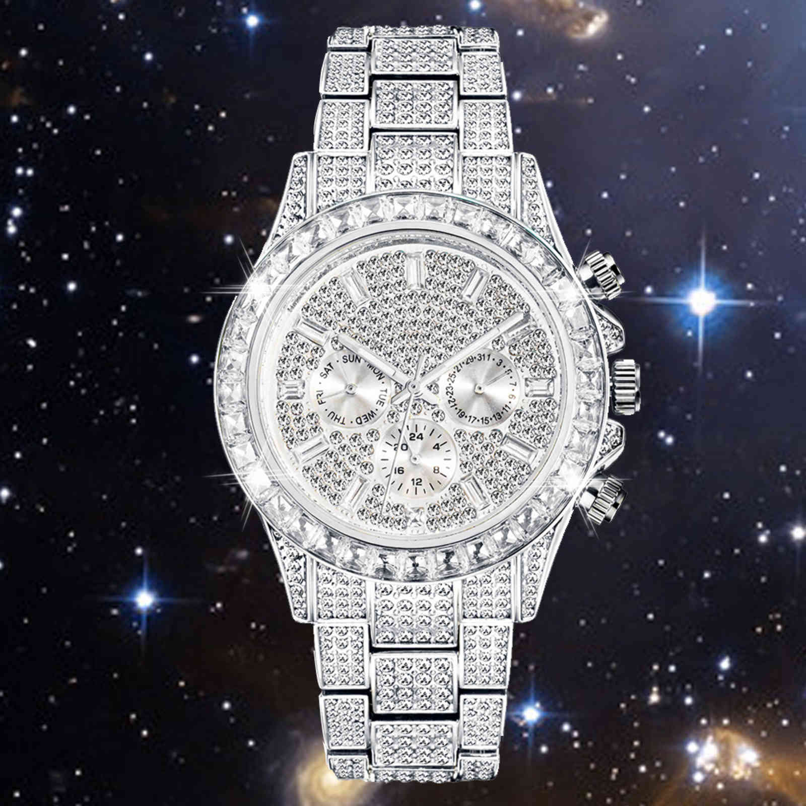 

Full Diamond Men Watch Hip Hop Iced Out Silver Quartz Wristwatch Waterproof Chronograph Gold Stainless Steel Relogio Masculino