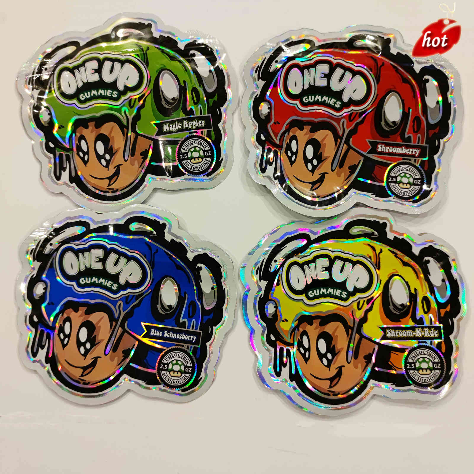 

2022 unique irregular shape One up gummies mylar bags 4 flavors Mushroom shape candy packaging bag oneup zipper package BI08