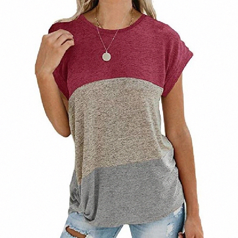 yidarton women's short sleeve t-shirt casual patchwork summer loose shirt asymmetrical oversize tops - red - l m5j6#