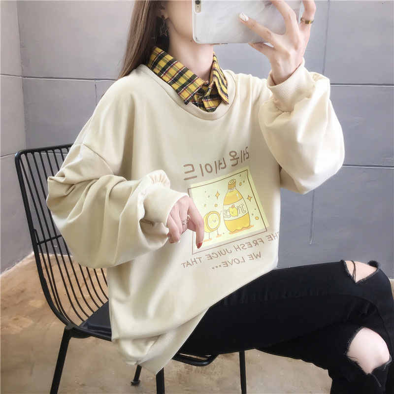 

hoodies t shirt 2021 spring and autumn fake two-piece collar thin sweater women's korean version bf loose versatile student base trend, Black