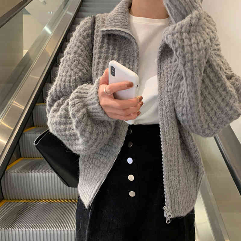 

Women's Sweaters Korean Sungtin cardigan mesh-knit women's fashionable vintage loose, casual female sweater, solid jumpers with boyfriend zipper, three 5HMF, 1# shoe box