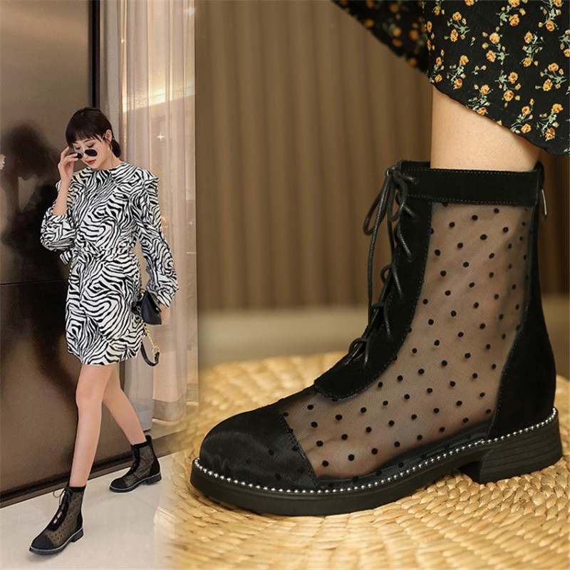 

Spring/Summer Women Shoes Polka Dot Mesh Boots Cow Suede Round Toe Low Heel Back Zipper Short Summer Boots Fashion Sandals 210507, Black