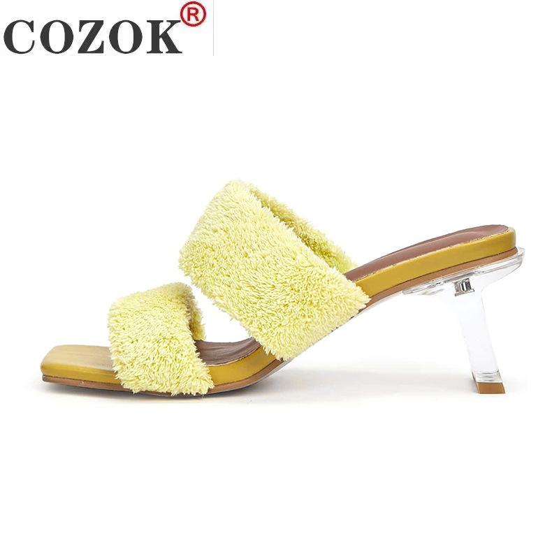 

Dress Shoes 2021 Women Slippers Summer Square Toe Ladies Fur High Heels Causal Transparent Heel Pumps Zapatos Mujer, Black