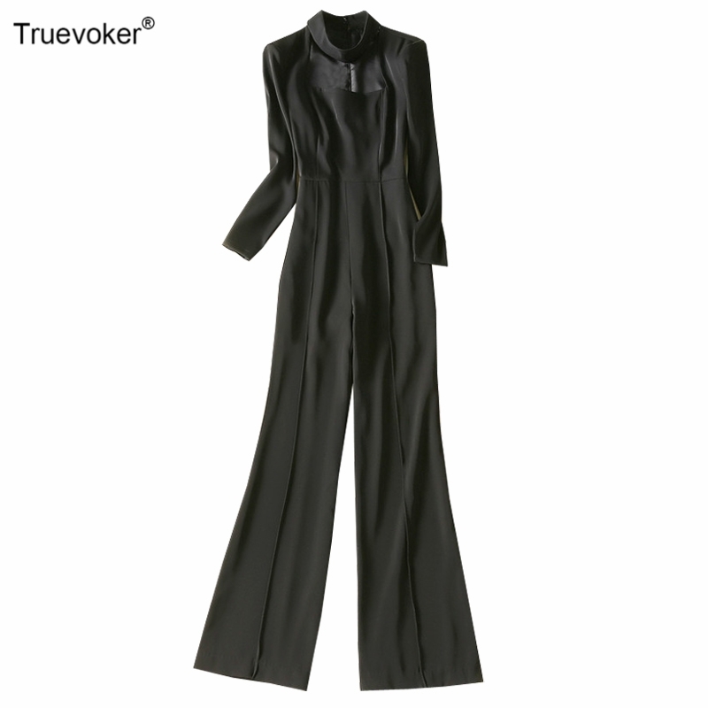 

Truevoker Spring Runway Fashion Black Jumpsuit Women High End Full Sleeve Stand Collar Perspective Lace Patchwork Overall Chic 210602