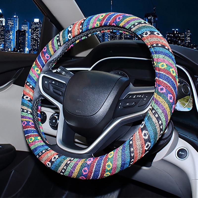 

Steering Wheel Covers Linen Universal Elastic Car Cover Ethnic Style Accessories Braid On The Case Auto