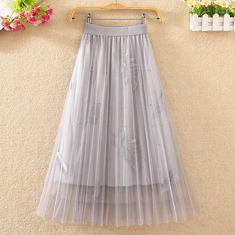 

Skirts Heavy Industry Beaded Mesh Gold Velvet Women's Skirt 2021 Summer High Waist Feather Embroidery Pleated Fairy, Beige