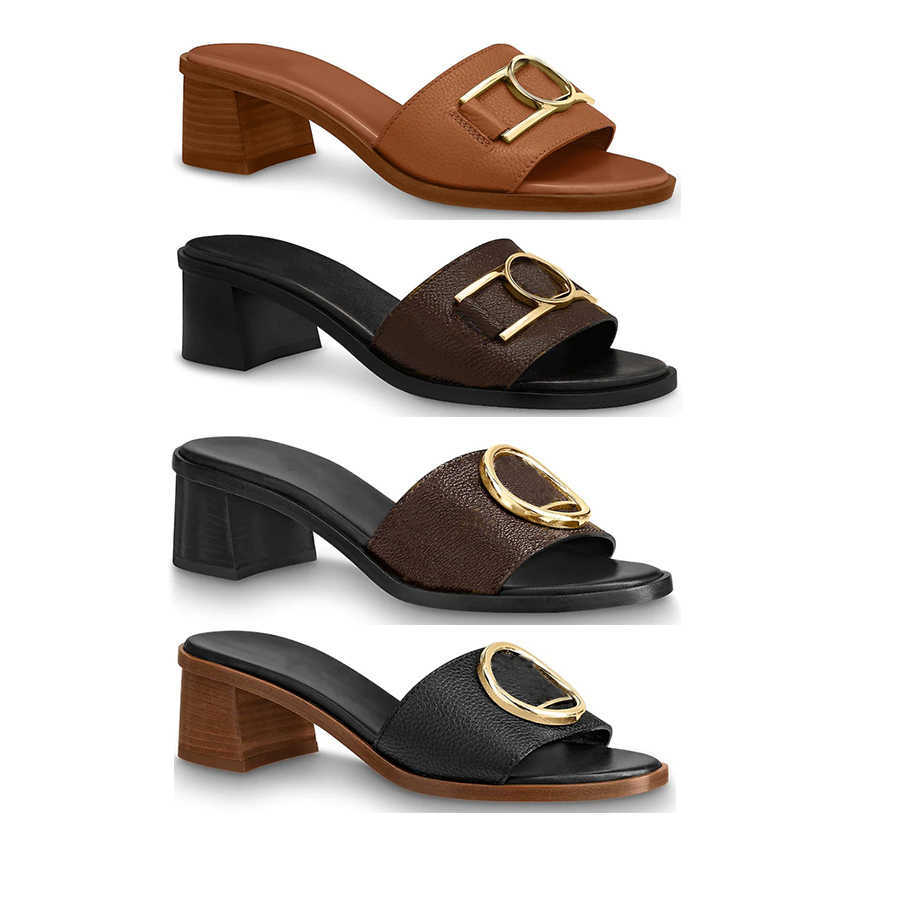 

Leather Outsole Slides Sandal Shoes 4.5Cm Calf Women Lady Girl Gold-Tone Circle Buckle Accessory Mid Heel Chunky Slipper Thong Lock It Mule, Black