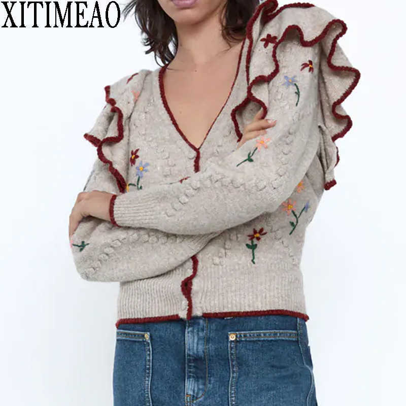 

ZA Autumn Winter Knitted Female Cardigan Slim Knit Sweater Coat Retro Flower Embroidery V Neck knitted cardigan Women Jacket 210602, As picture