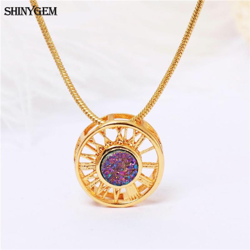 

Pendant Necklaces ShinyGem Fashion Gold Wheel Hollow Big Natural Druzy Crystal Stone Luxury Chain Necklace For Women