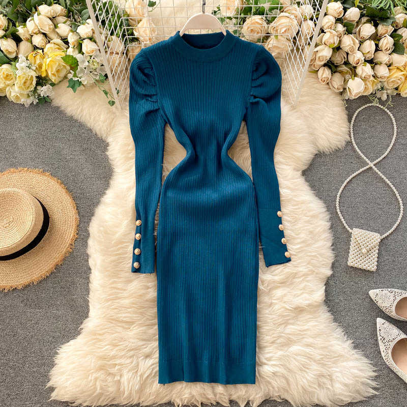

Autumn Winter Sweater Dres Puff Sleeved Slim Bodycon es Ladies Elegant Knitted Short Vestidos Mujer 210602, Dark blue