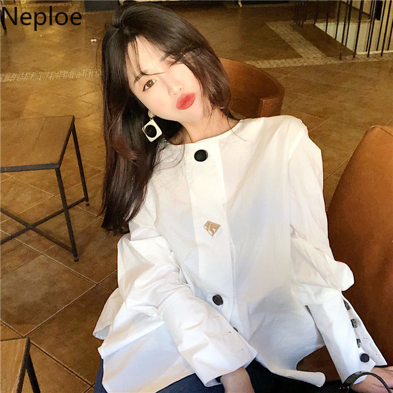 

Neploe Single Breasted Women Blouses Sweet O Neck Long Sleeve Ladies Shirts Solid Drawstring Female Tops Spring 2021 49697, White