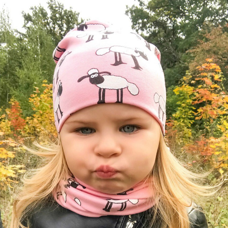 

Autumn Winter Children Girls Cartoon Sheep Printing Cotton Hat Aand Scarf Set Animal Pattern Kids Caps Baby Beanie Bonnet, Yellow