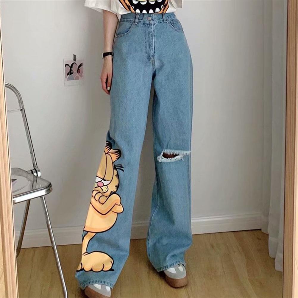 

diyig spring retro cartoon womens capri garfield loose jeans hole design straight pants, Black;white