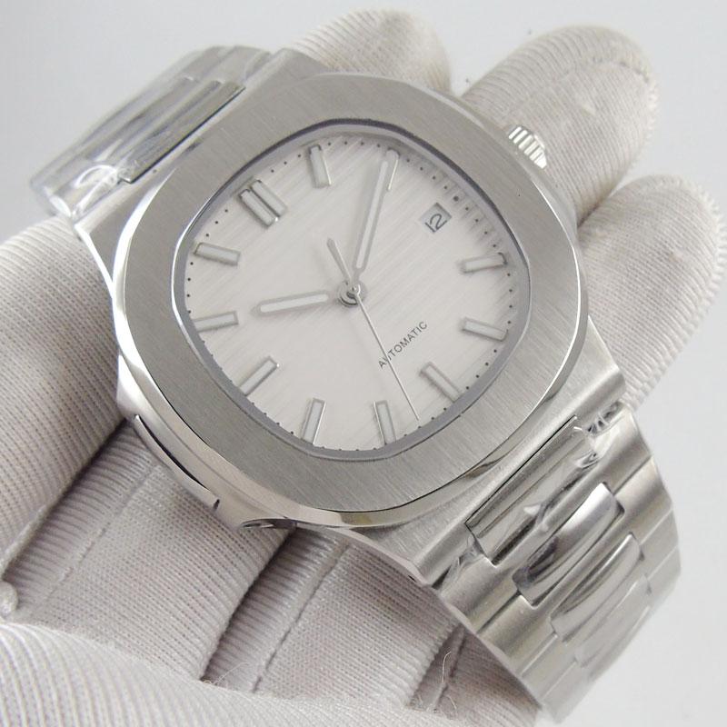 

Wristwatches 40MM White Sterile Dial Date Stainless Steel Strap Sapphire Glass Square Luminous MIYOTA 8215 Movement Automatic Mens Watch, As pic