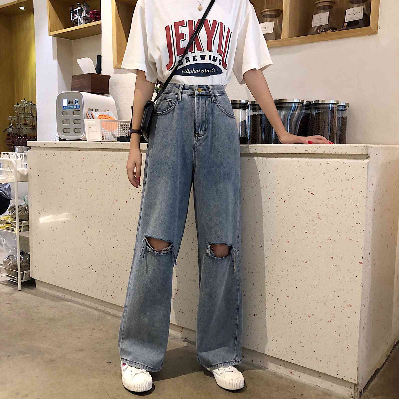 

jeans 2021 autumn high waist pierced skinny wide leg net red trousers women's loose elegant pants, Blue