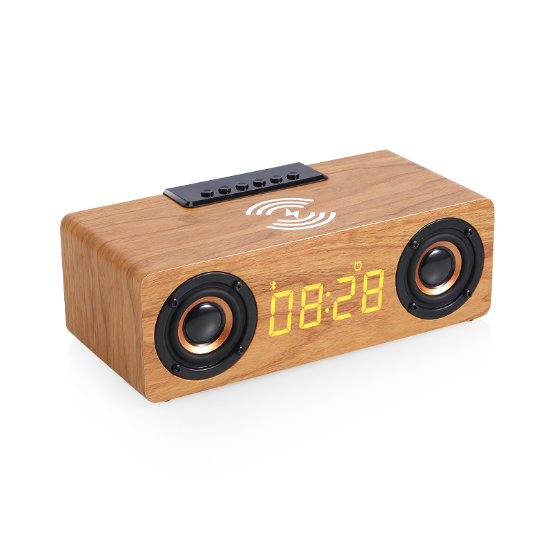 

K1 10W Wooden Protable Speakers Alarm Clock Stereo PC Desktop Sound Post FM Radio Computer Speaker Support Wireless Quick Charging