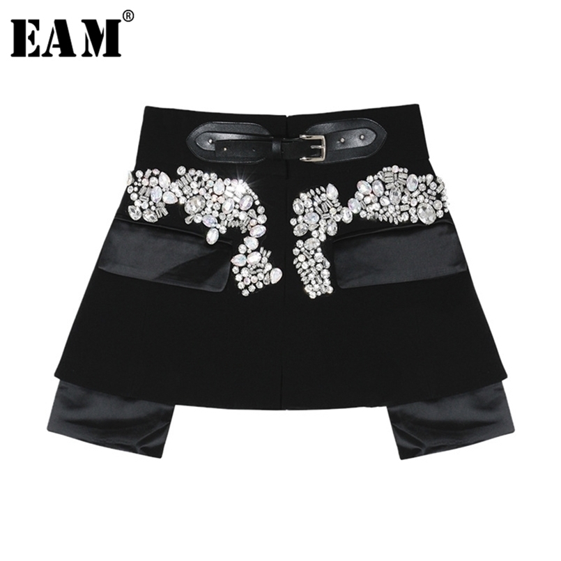 

[EAM] Spring Autumn High Waist Black Beading Blingbling Spliced Personality Short Half-body Skirt Women Fashion JY758 210702