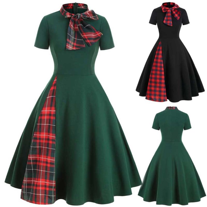

Casual Dresses Winter Short Sleeve For Women Plaid Panel Bow Tie Vintage Rockabilly Style A Line Dress Vestidos De Invierno Manga Larga 2021, Green