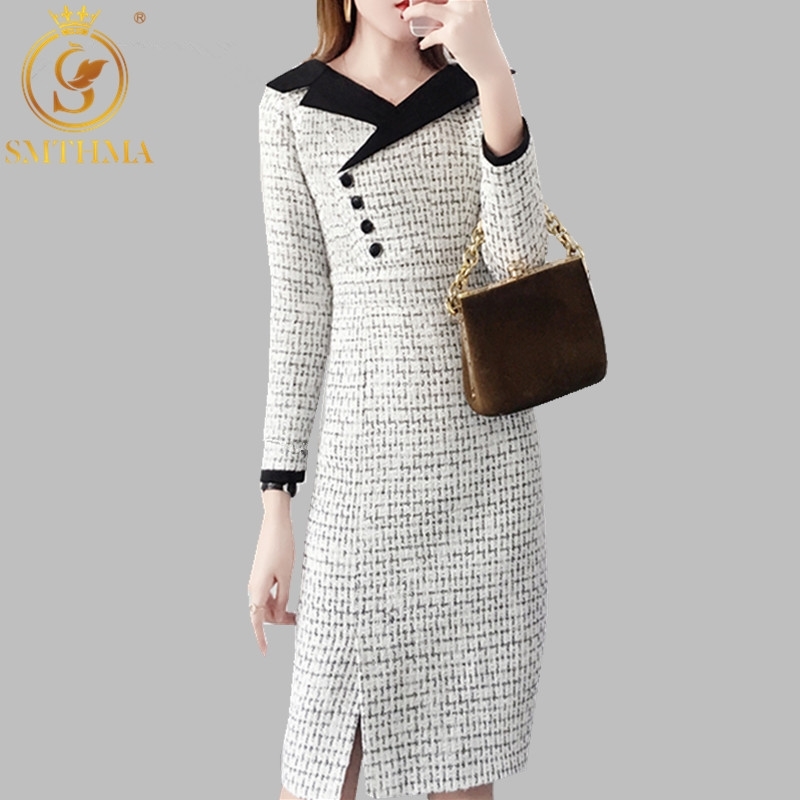 

Autumn And Winter Tweed Dress Women Vintage Wool Dresses Ladies Elegant V Neck Long Sleeve Woolen Vestidos 210520, Photo color