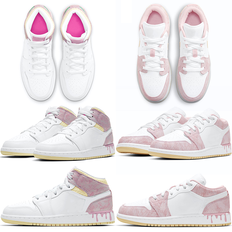 

Jumpman 1 Low GS Women Basketball Shoes 1s Paint Drip Ice Cream Womens Trainers Sports Sneakers Size 36-40