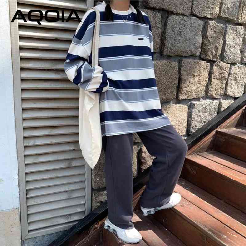 

Autumn Harajuku Oversize Cotton Striped Women Thin Sweatshirt Loose O Neck Hoodies Plus Size Female Pullovers 210521, Blue