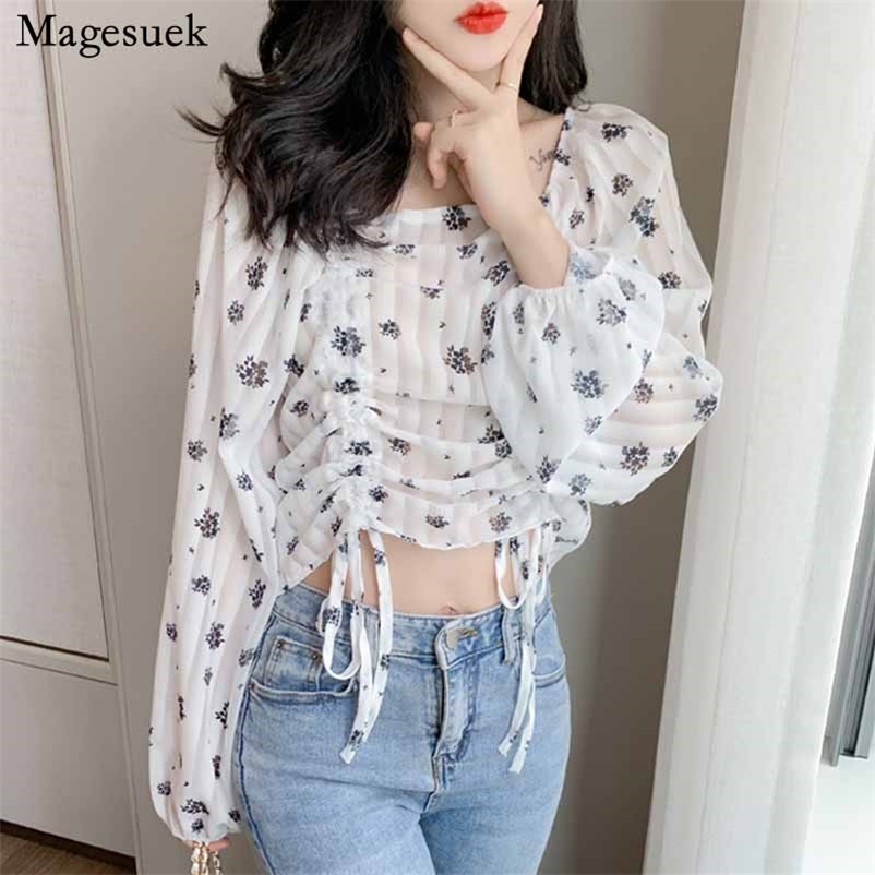 

Korean Style Drawstring Design Chiffon Blouse Fashion Vintage Printed Square Collar Tops Floral Woman' Shirts 10586 210518, White