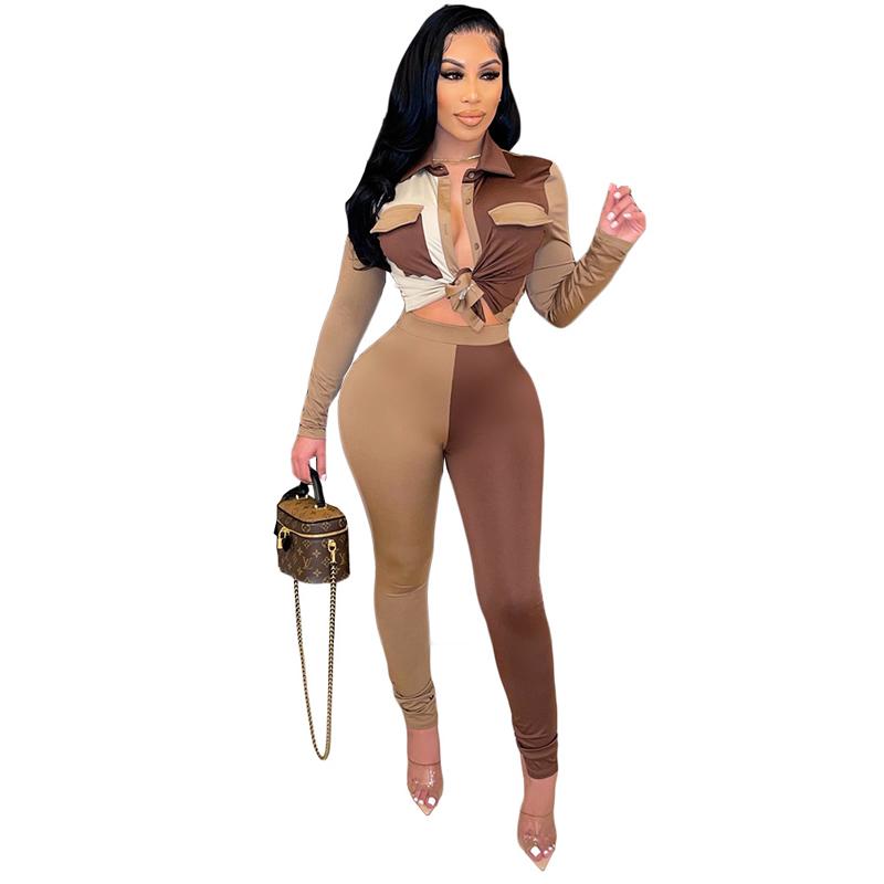 

Women's Two Piece Pants 2021 Fashion Patchwork Contrast Color Two-Piece Suits Lapel Full Sleeve Crop Top+Slim Sets Autumn Casual Outfits, White