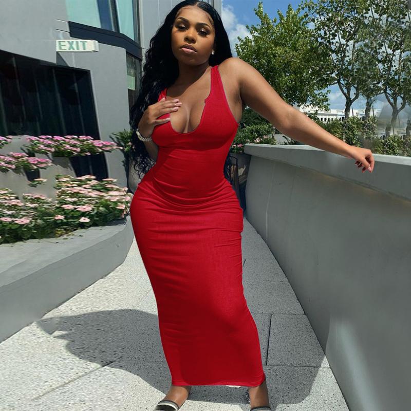 

Casual Dresses Summer White Black Sexy Bodycon Dress Women Sundress Ribbed Knit Maxi Tank Wrap Ladies Green Long 2021, Red