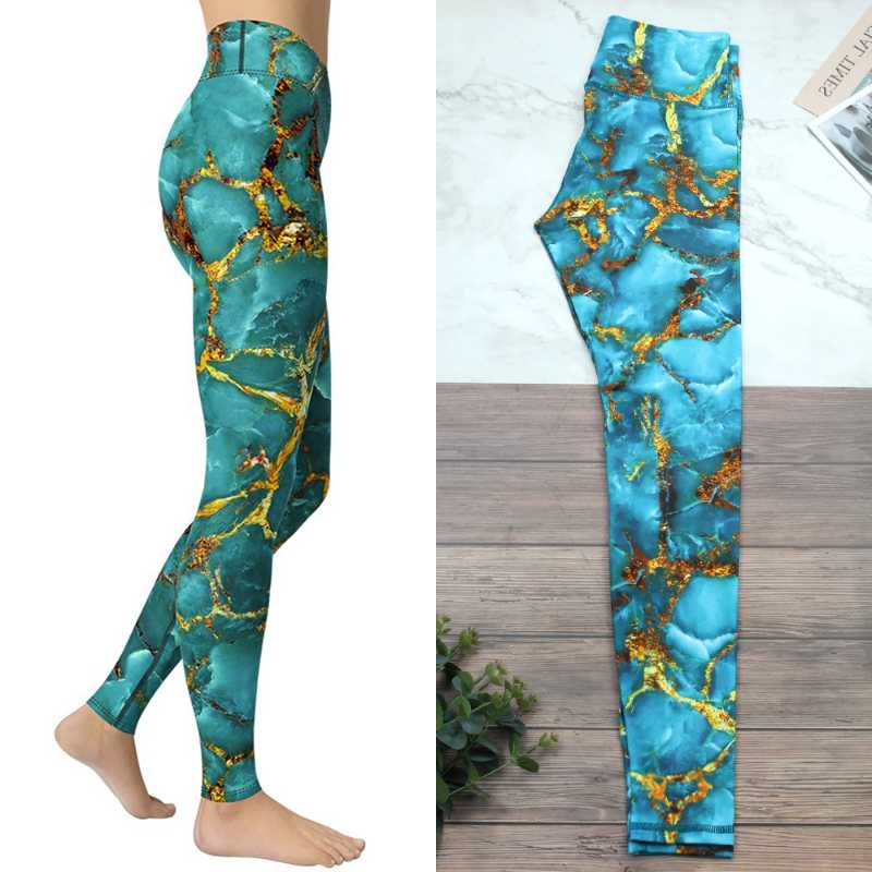 

Yoga Outfit Turquoise & Gold Marble Pants Women's High Waist Fitness Workout Sweatpants Quick-drying Casual Leggings Mujer S~XXL