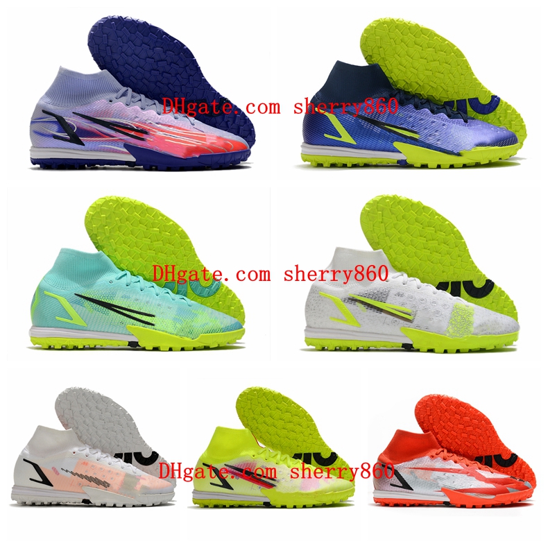 

2021 Mercurial Superfly 9 Elite TF Soccer Shoes Turf High ankle White Red CR7 Cleats Neymar Ronaldo Football Boots, As picture 1