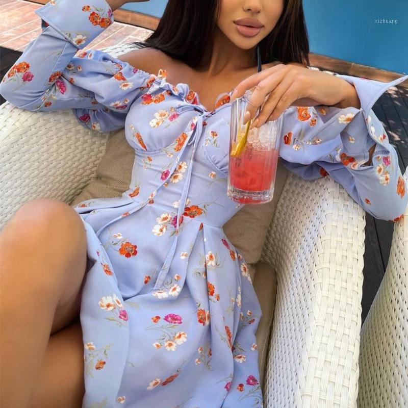 

Casual Dresses Vintage Summer 2021 Instagram-Inspired One-Line Shoulder Strapless A-Line Print Dress With Slimmer Waist And Long Sleeves, Green