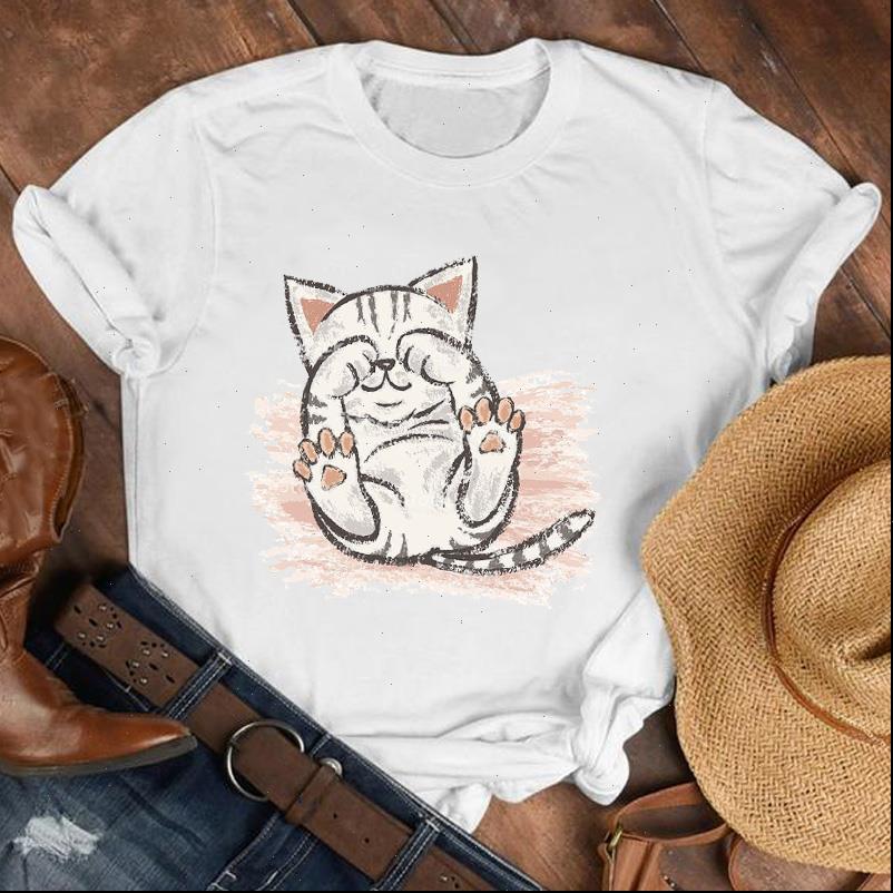 

women lady cat t shirts kawaii 90s short sleeve ladies girl cartoon shirt clothes tee womens female, White