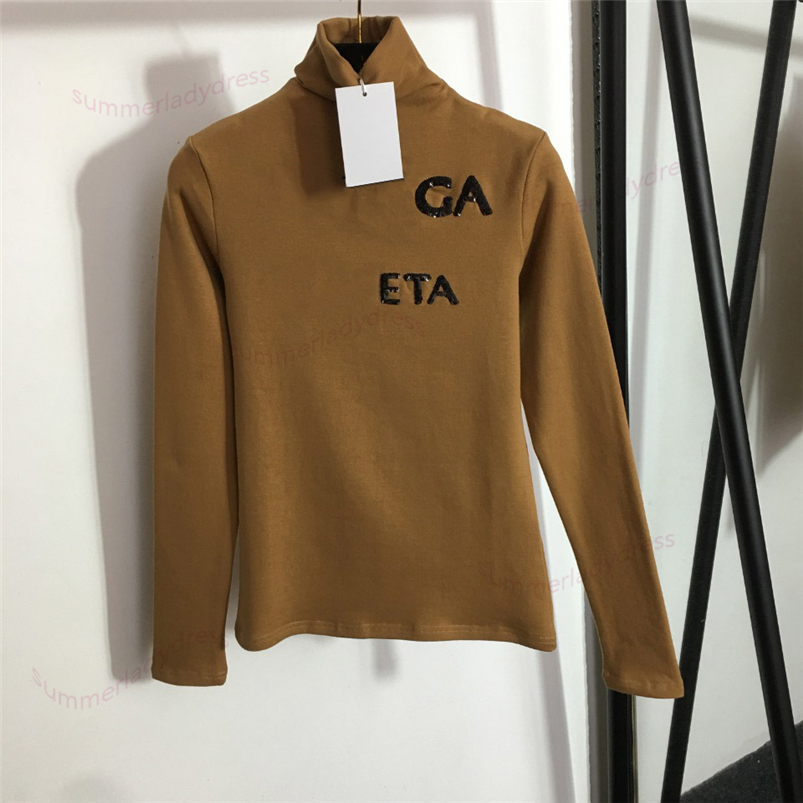 

Sequin Letter T Shirt Plush Warm Long Sleeves Fashion Design Elastic Bottoming Shirts Simple High Collar Tight Pullover, White