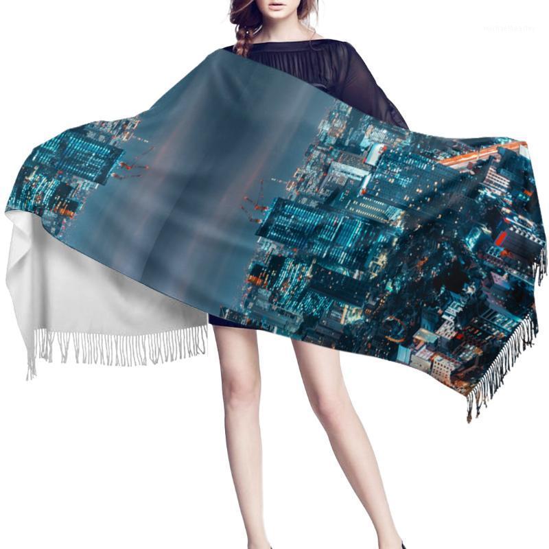 

Scarves Women Cashmere Scarf Autumn Winter Hijab Wrap Blue Night View City Building Printed Shawls Headband Summer Ladies