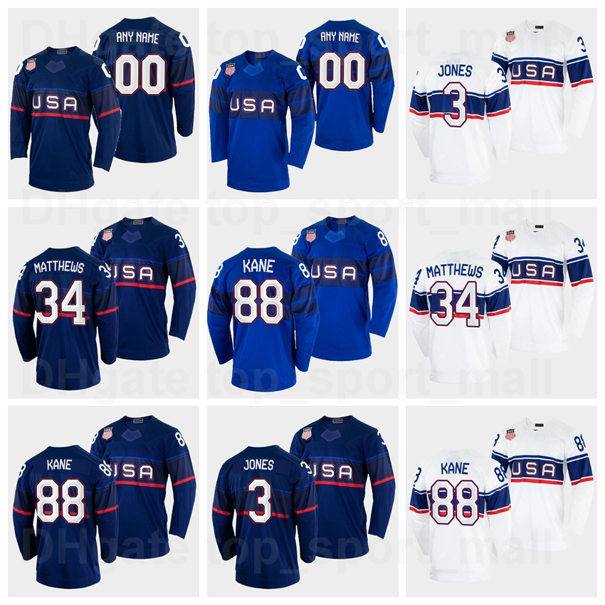 

2022 Beijing Winter Olympic USA Hockey 88 Patrick Kane Jersey 34 Auston Matthews 3 Seth Jones 73 Charlie McAvoy 23 Adam Fox 12 Alex DeBrinca, Black;red