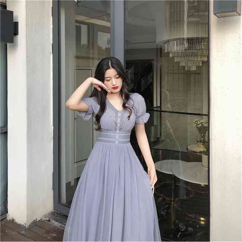 

Summer Mesh Dress Female V-neck Short Puff Sleeve A-line Women Slim Korean Style Elegant Vintage Vestidos 210519, Pink
