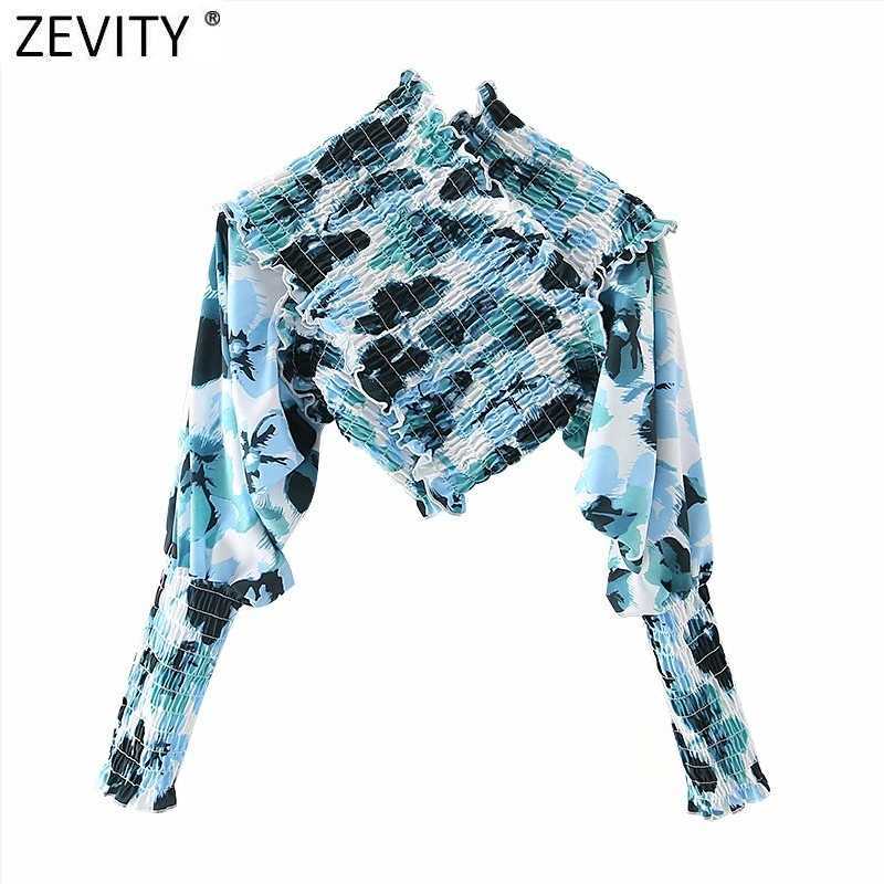 

Zevity Women Sexy Off Shoulder Digital Print Slim Short Blouse Female Cross Elastic Ruffles Shirt Chic Blusas Tops LS7616 210603, As pic ls7616gl