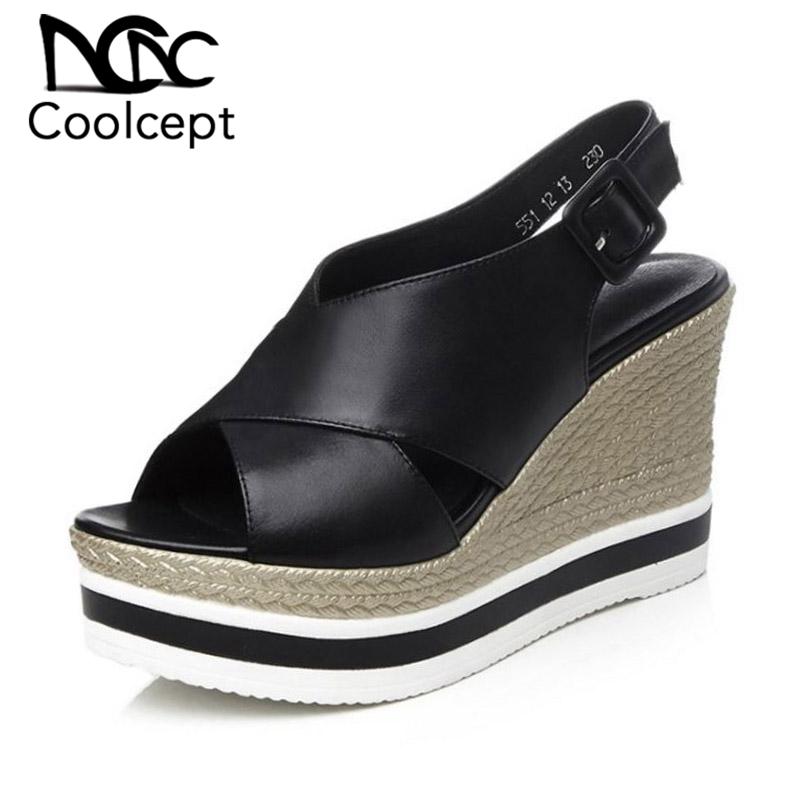 

CoolCept Summer Genuine Leather Women Sandals Buckle Wedges Shoes Peep Toe Platform Sexy High Heels Footwear Size 33-39, Black