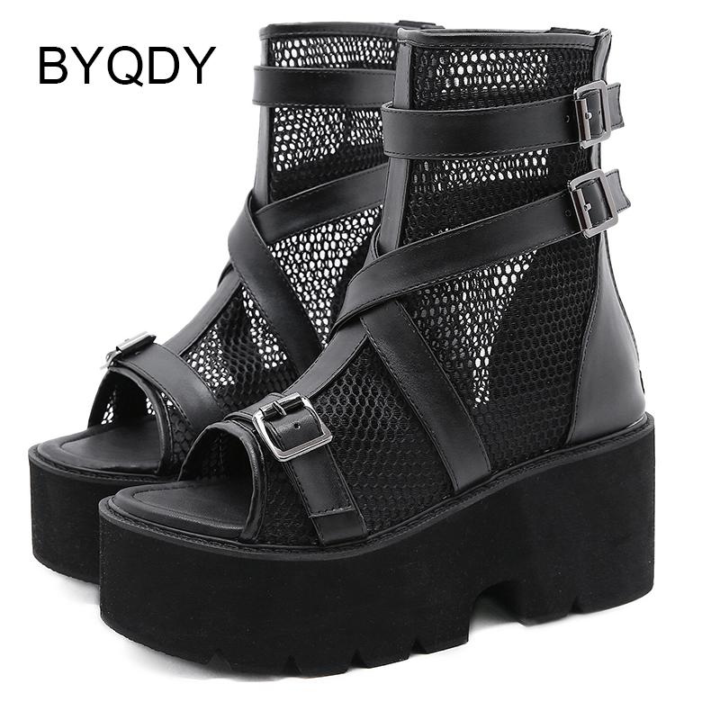 

Boots BYQDY 2021 Spring Summer Air Mesh Women Ankle Open Toe Hollow Outs Female Short Thick High Heel Platform Lady Shoes, Black