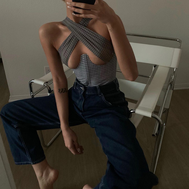 

Fashion Plaid Cross Halter Sexy Cut-Out Crop Tops Women Sexy Baless Cropped Feminino Top Summer 2021 Streetwearhigh quality, Black