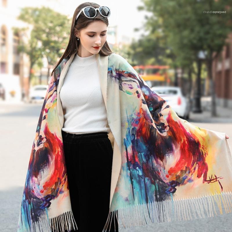 

Scarves Winter Women Cashmere Wraps Thick Warm Oil Painting Scarf Ladies Shawl Oversize 200*70cm1