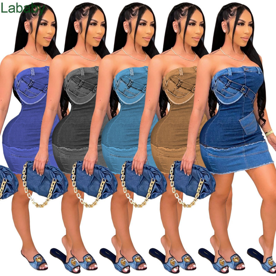 

Women Dress Designer Slim Sexy Off Shoulder Summer Digital Positioning Burnt Out Bra Sleeveless Denim Dresses Tobe Top One Piece Dress -XXL, Blue