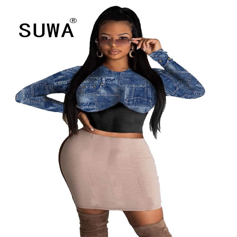 

Contrast Denim Patchwork Vintage Casual Dance K-Pop Top Tunic Spring Autumn Long Sleeve Pullover Slim-Fit Sweatshirt Woman 210525, Blue