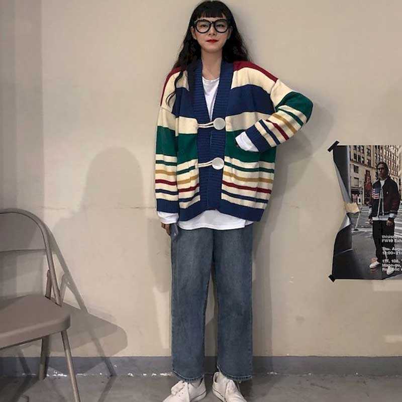 

Autumn Color Striped Cardigan Sweater Double-breasted Buttoned Loose All-match Tops Reduce Age Japanese Style Small Al 210526