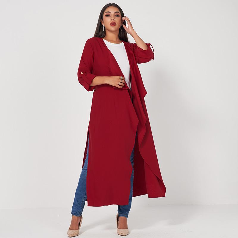 

Women' Trench Coats Spring Autumn Fashion Lace-up Classic Windbreaker With Turn-over Sleeves All-match Ins Arabian Dress Long Coat, Burgundy