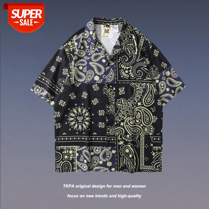 

TKPA Japanese retro cashew flower short-sleeved shirt male loose hip-hop couple casual beach #hl85, White;black