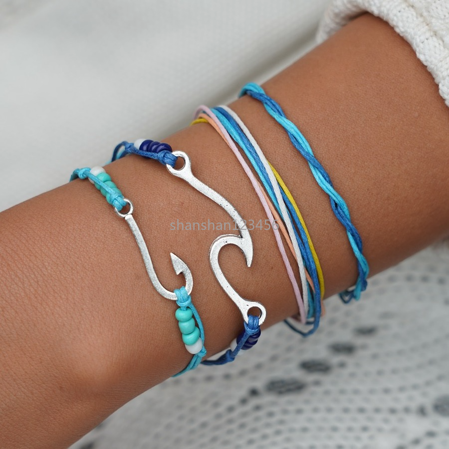 

Adjustable multilayer wrap bracelets charm Weave fish hook bracelet women summer beach jewelry will and sandy