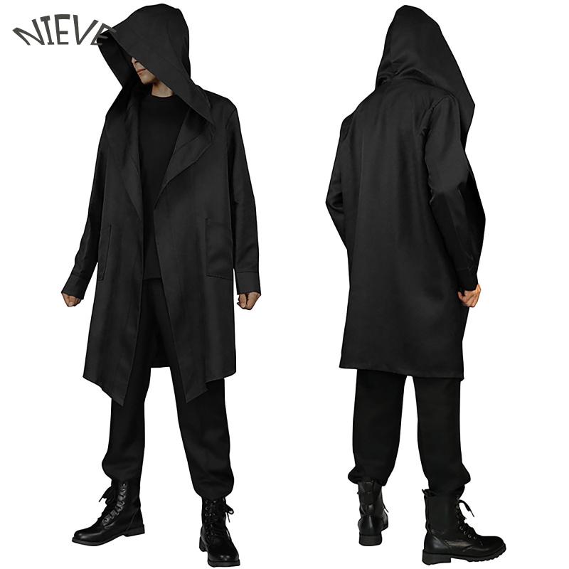 

Men's Jackets Men Solid Color Long Coat Gothic Black Hooded Sleeve Pocket Jacket Handsome Simple Windbreaker Fashionable, Blue